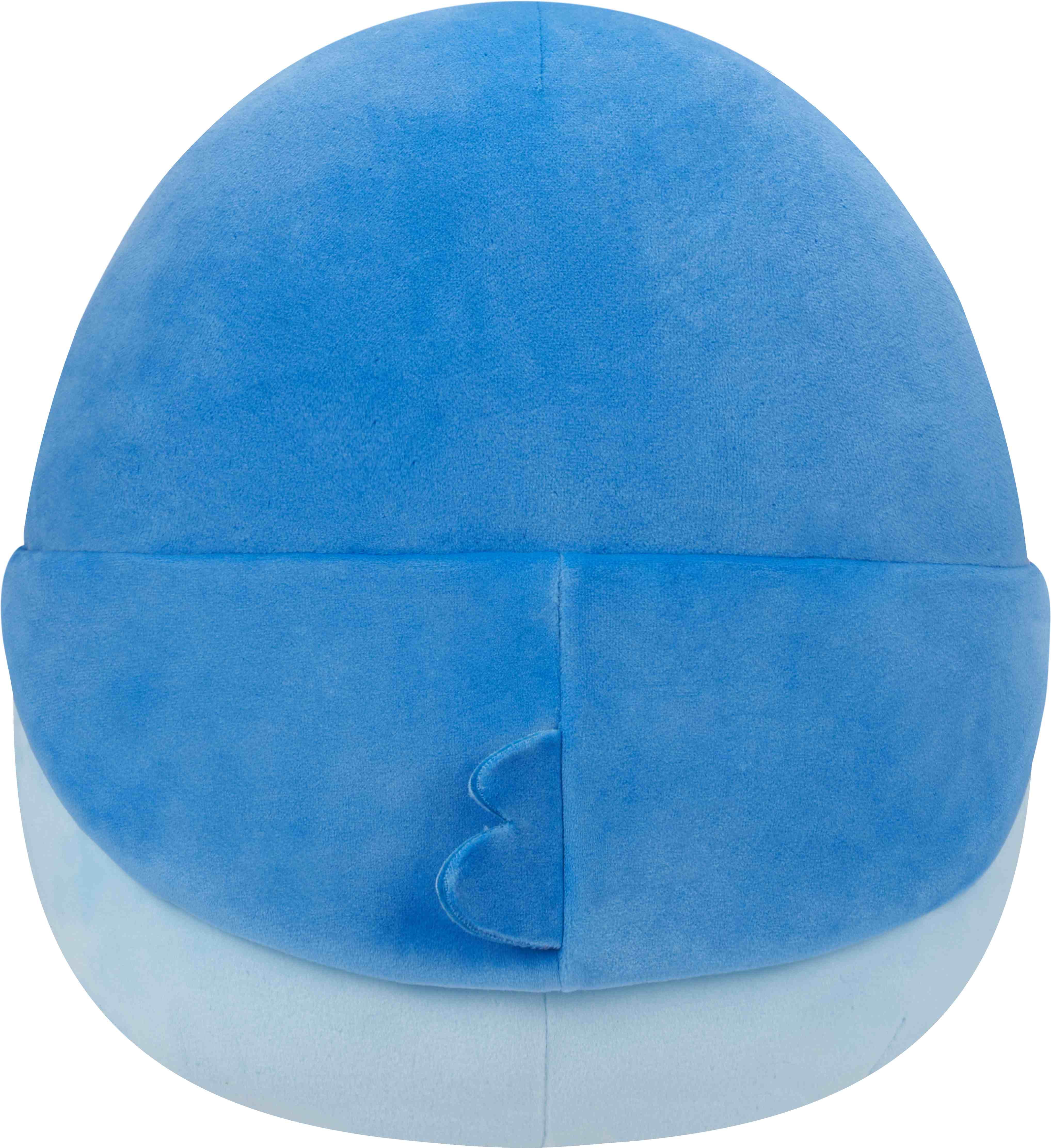 Blaues, hai-förmiges Stofftier, mit sichtbarer Schwanzflosse.