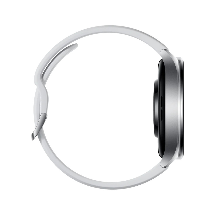 Biały smartwatch ze srebrnym pierścieniem. Zegarek widoczny z boku.