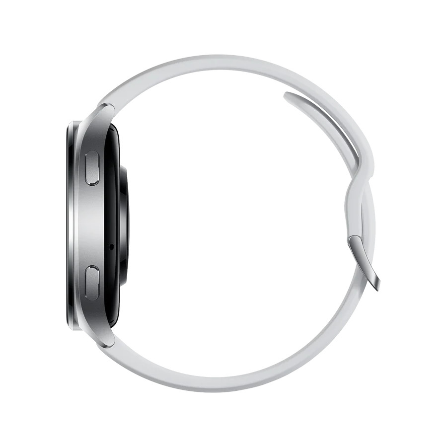 Widok z boku białego zegarka Samsung Galaxy z białym paskiem.