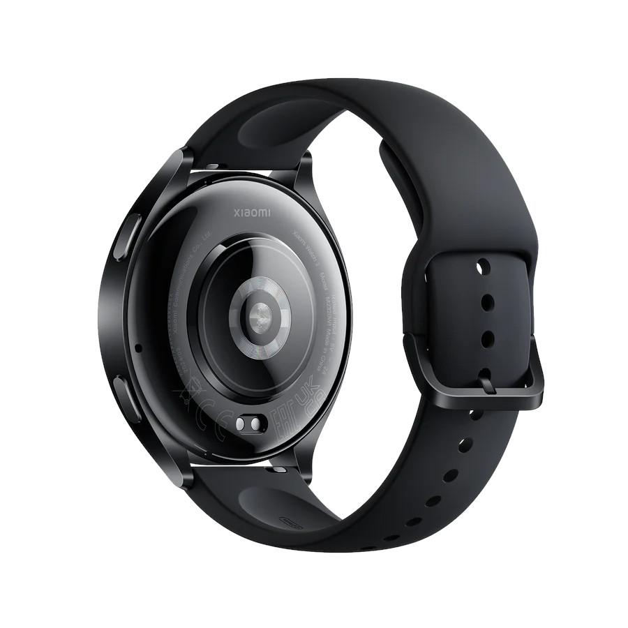 Czarny smartwatch z czarnym paskiem, tyłem do kamery.