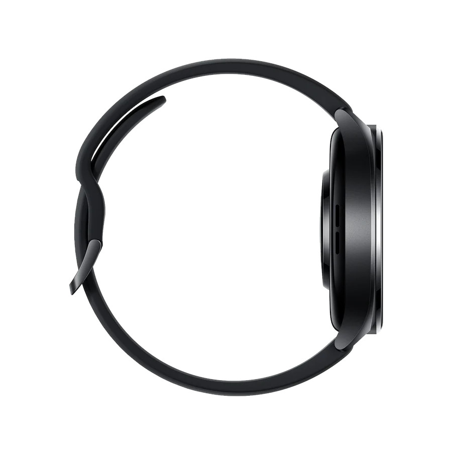 Czarny smartwatch z okrągłą tarczą i czarnym paskiem.