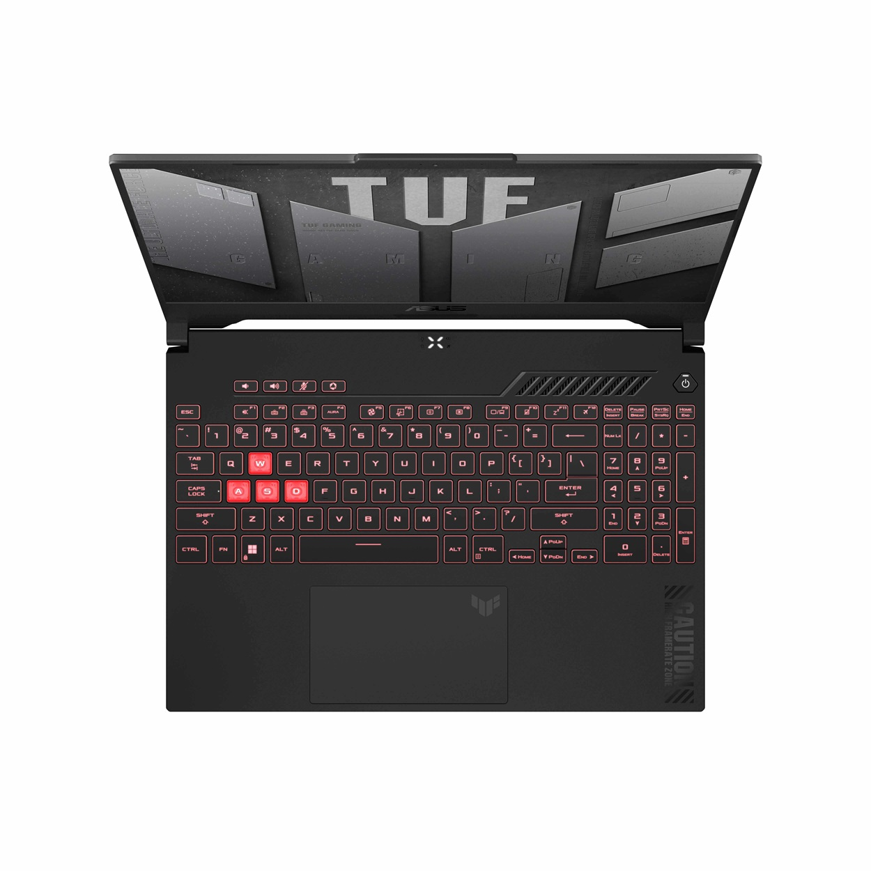 Asus Tuf oyun dizüstü bilgisayarı, klavye görünür, kırmızı tuşlar ve siyah bir çerçeve.