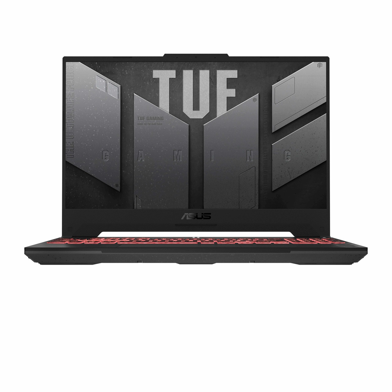 Siyah ve kırmızı ASUS TUF oyun dizüstü bilgisayarı, ekranda gri bir TUF logosu gösteriyor.