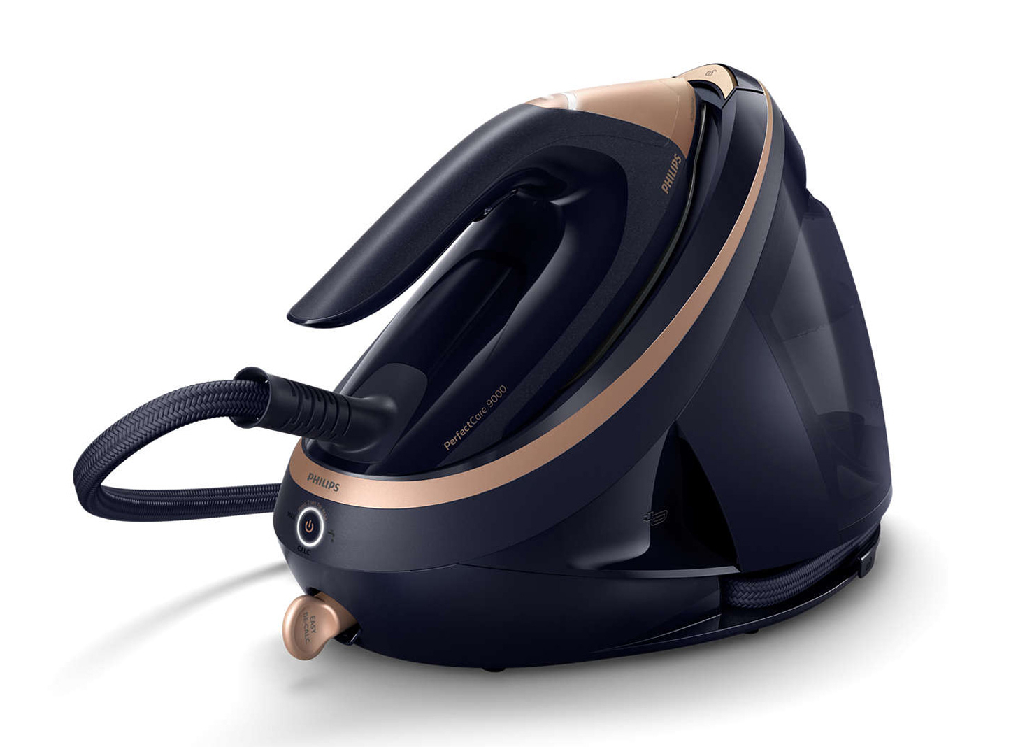 Granatowe i złote żelazko parowe Philips. Ma podstawę, uchwyt i wąż.