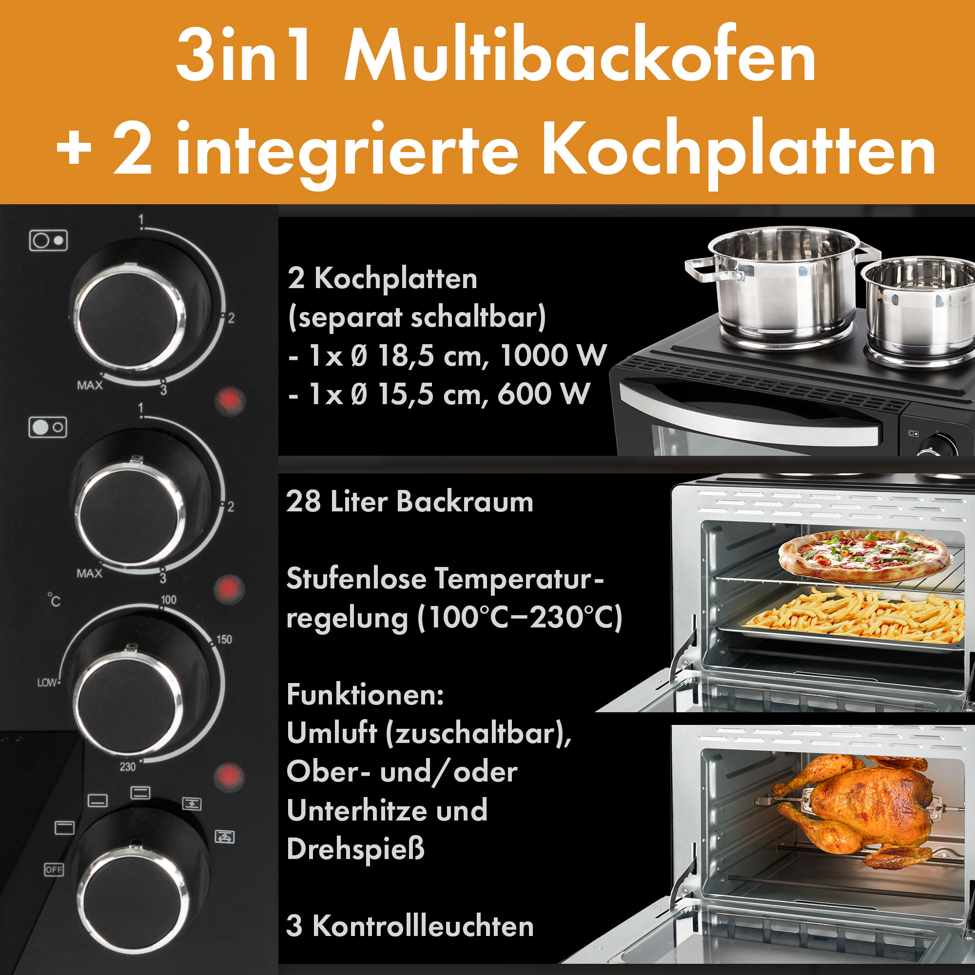 Schwarz-weißer Ofen mit Knöpfen und Blick ins Innere.