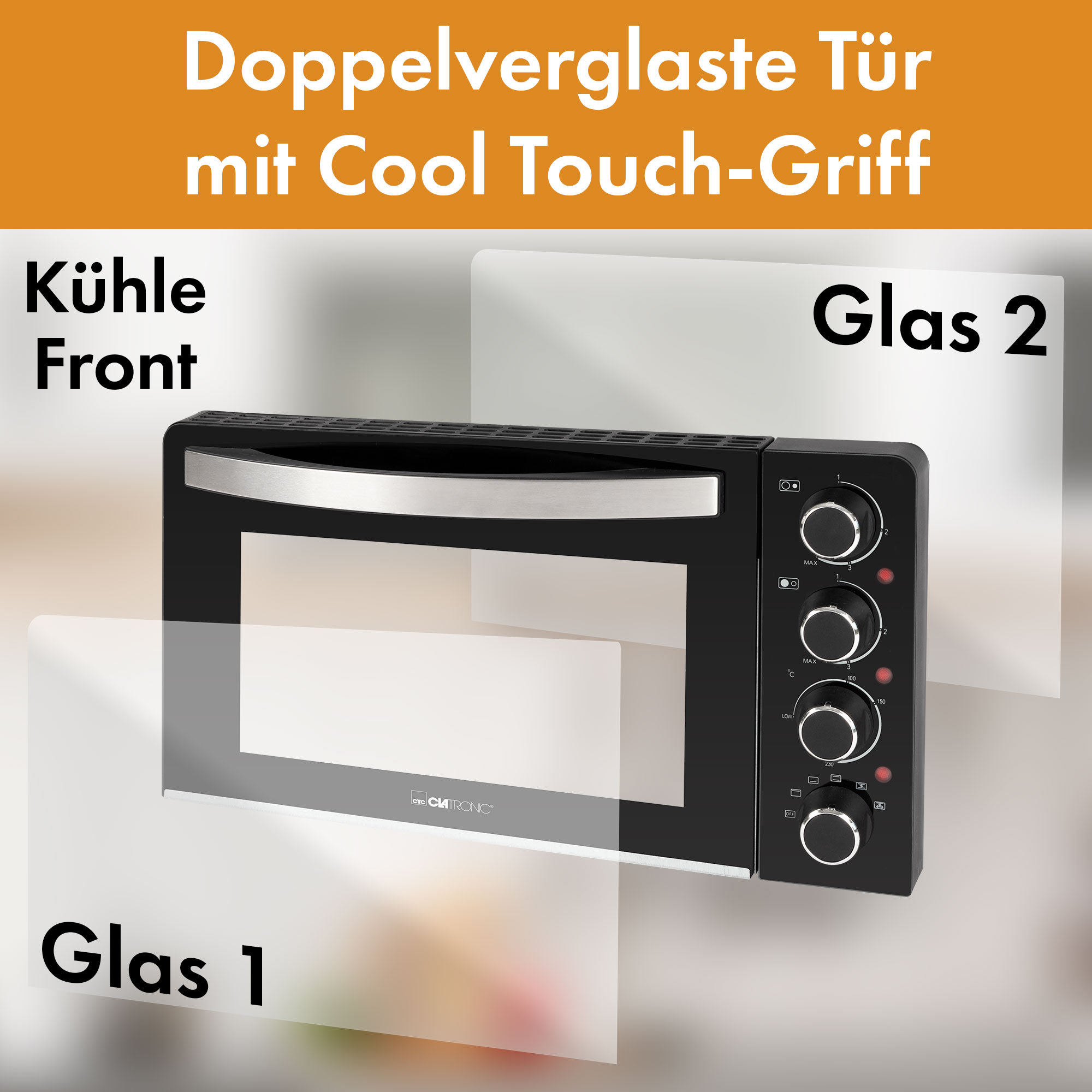 Schwarzer Backofen mit doppelverglaster Tür, zeigt Innenraum und Bedienelemente.