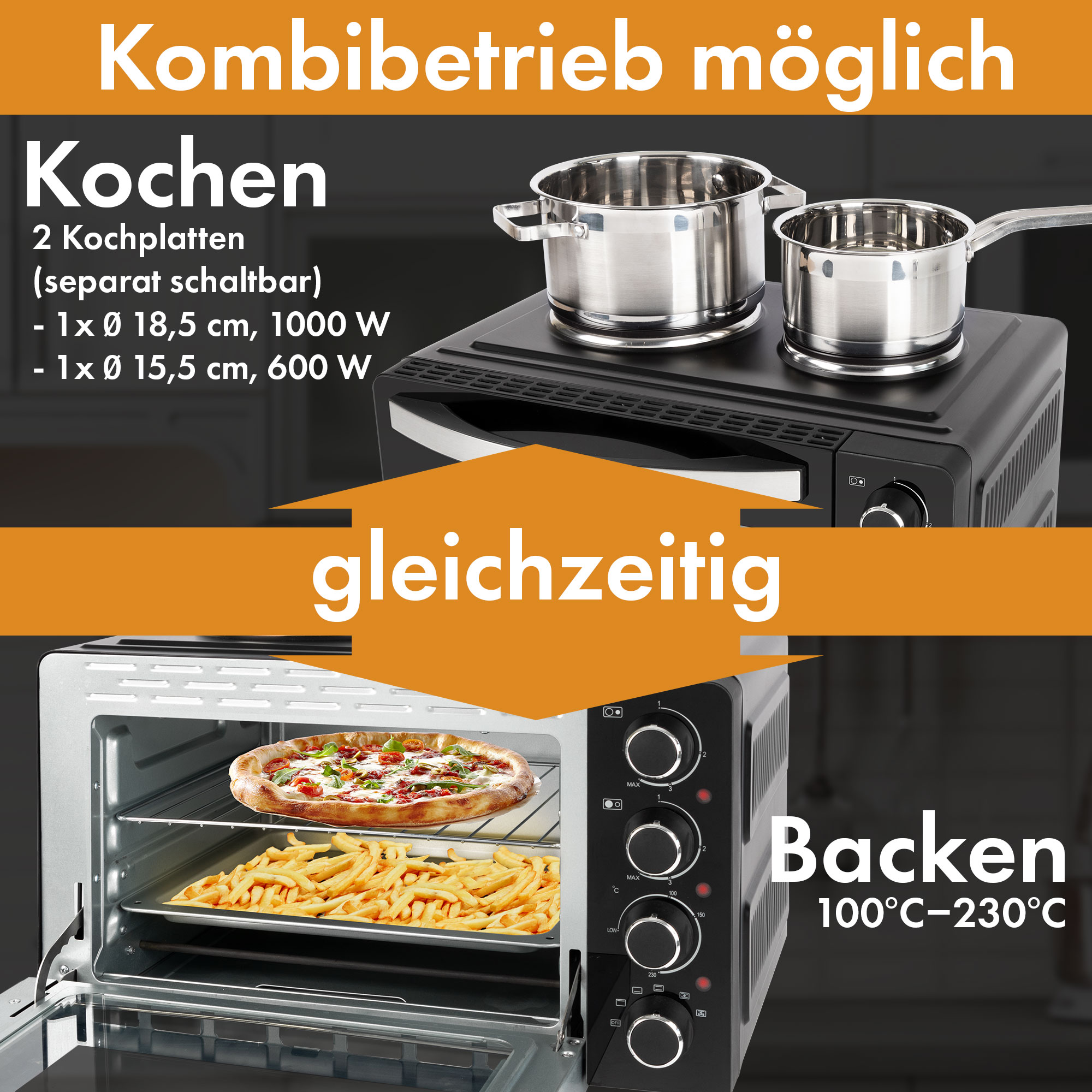 Ein Gerät mit Kochfeld und Backofen, das Essen zeigt, mit Text über das Kochen.