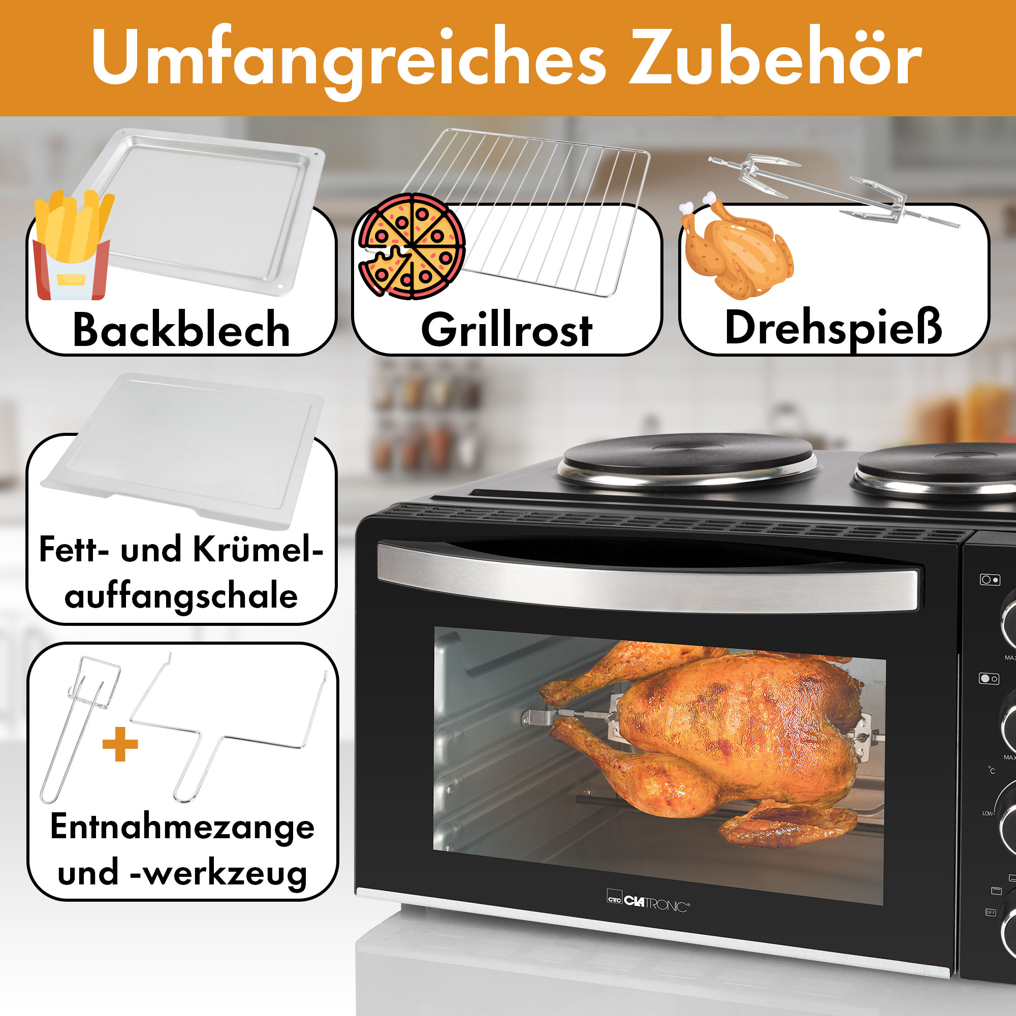 Ofen mit gebratenem Huhn und Zubehör mit Etiketten auf weißem Hintergrund.