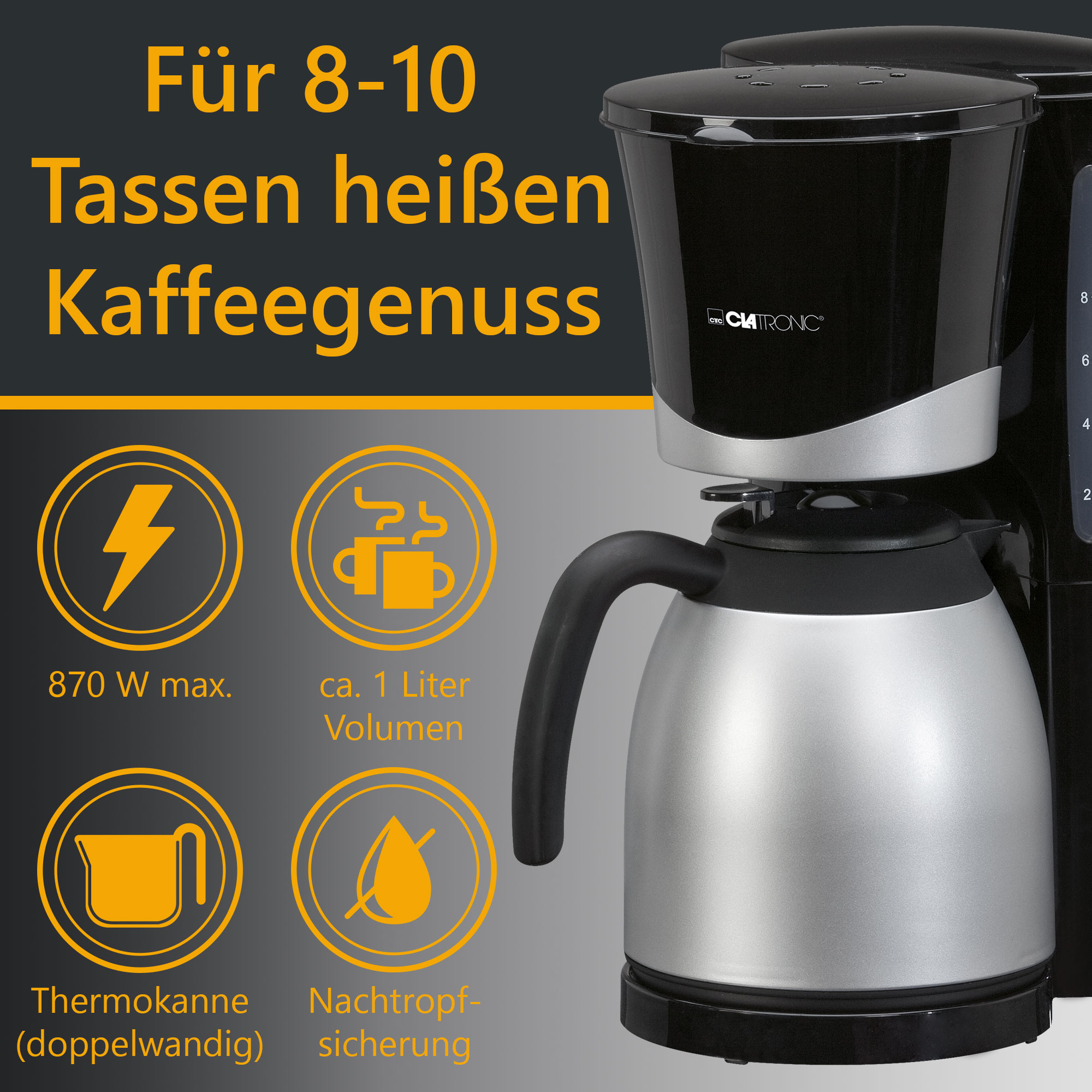 Schwarz-silberne Kaffeemaschine mit Symbolen und Text. Gelbe Akzente, weißer Hintergrund.
