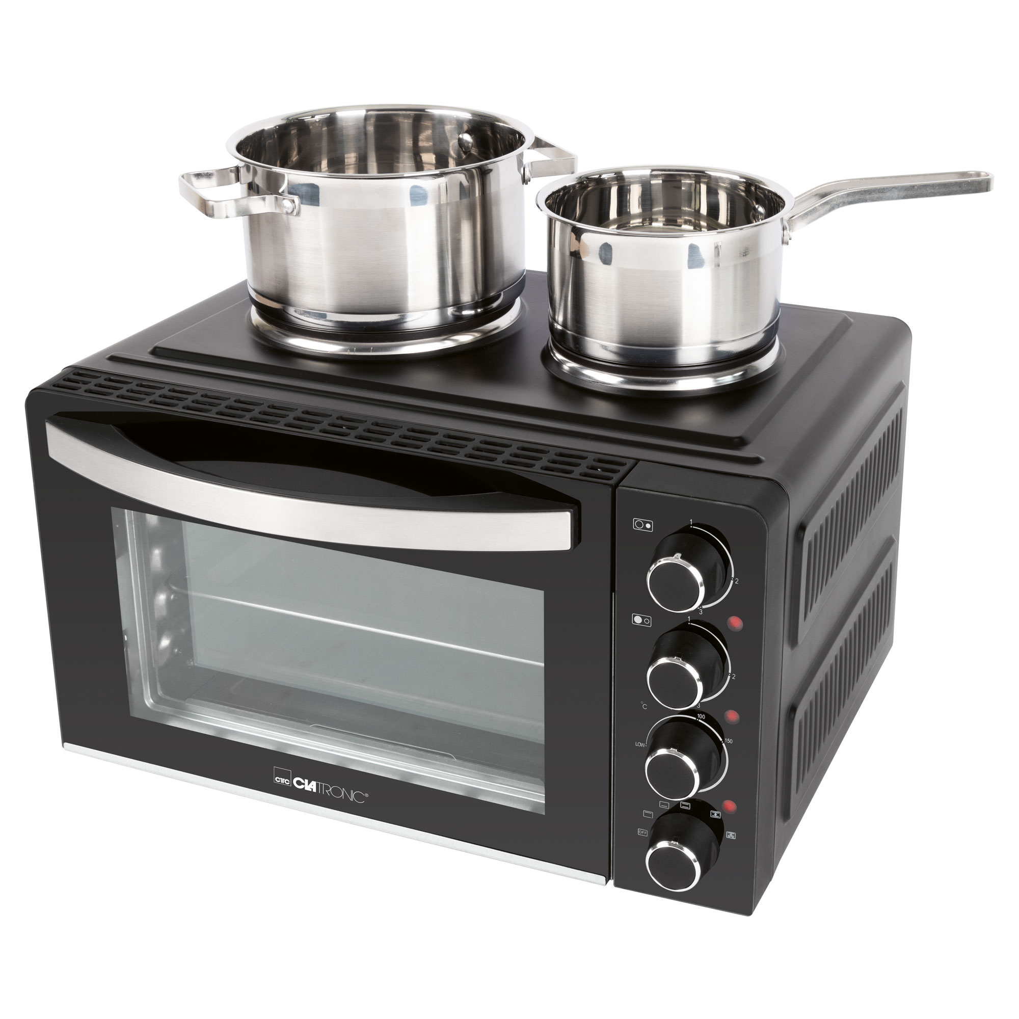 Ein schwarzer Mini-Backofen mit zwei Edelstahl-Töpfen, weißer Hintergrund.