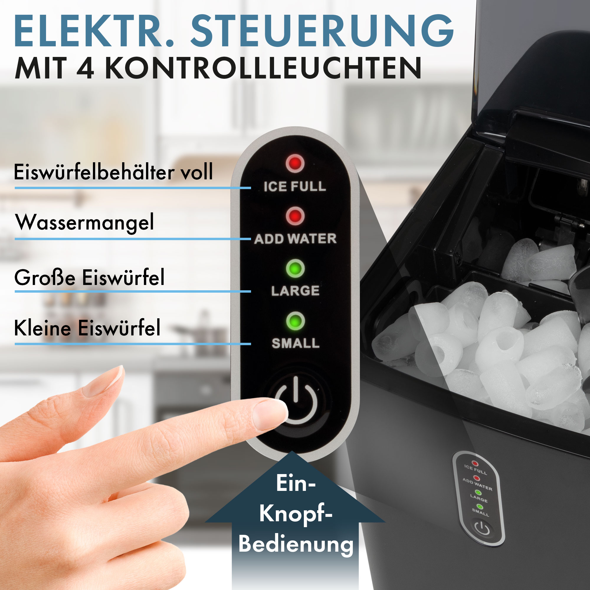 Ein Eisbereiter-Bedienfeld mit Tasten für Eis voll, Wasser und Eisgröße sowie einem Ein-/Ausschalter.