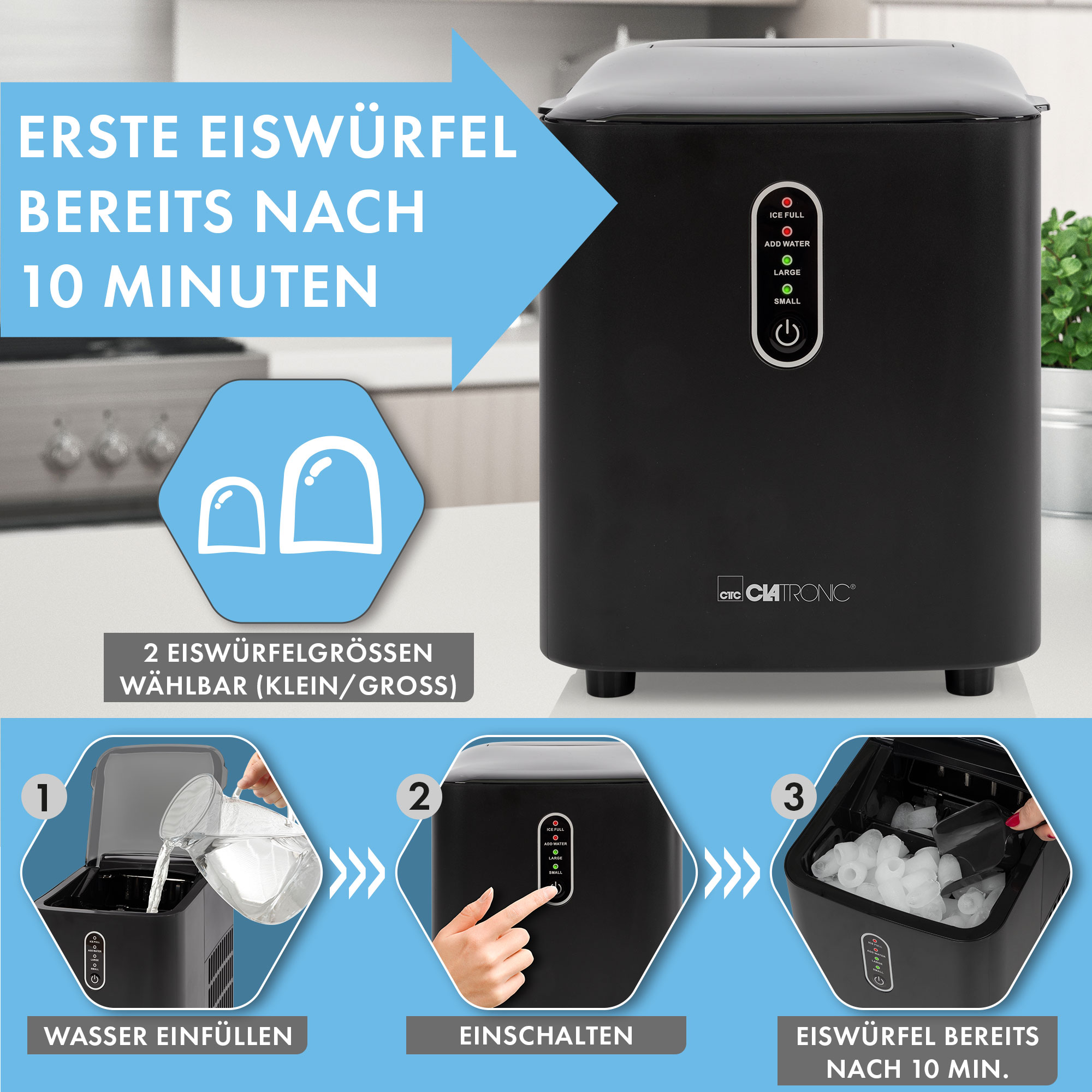 Schwarzer Eisbereiter mit deutschem Text und einer Abbildung des Eisbereitungsprozesses.
