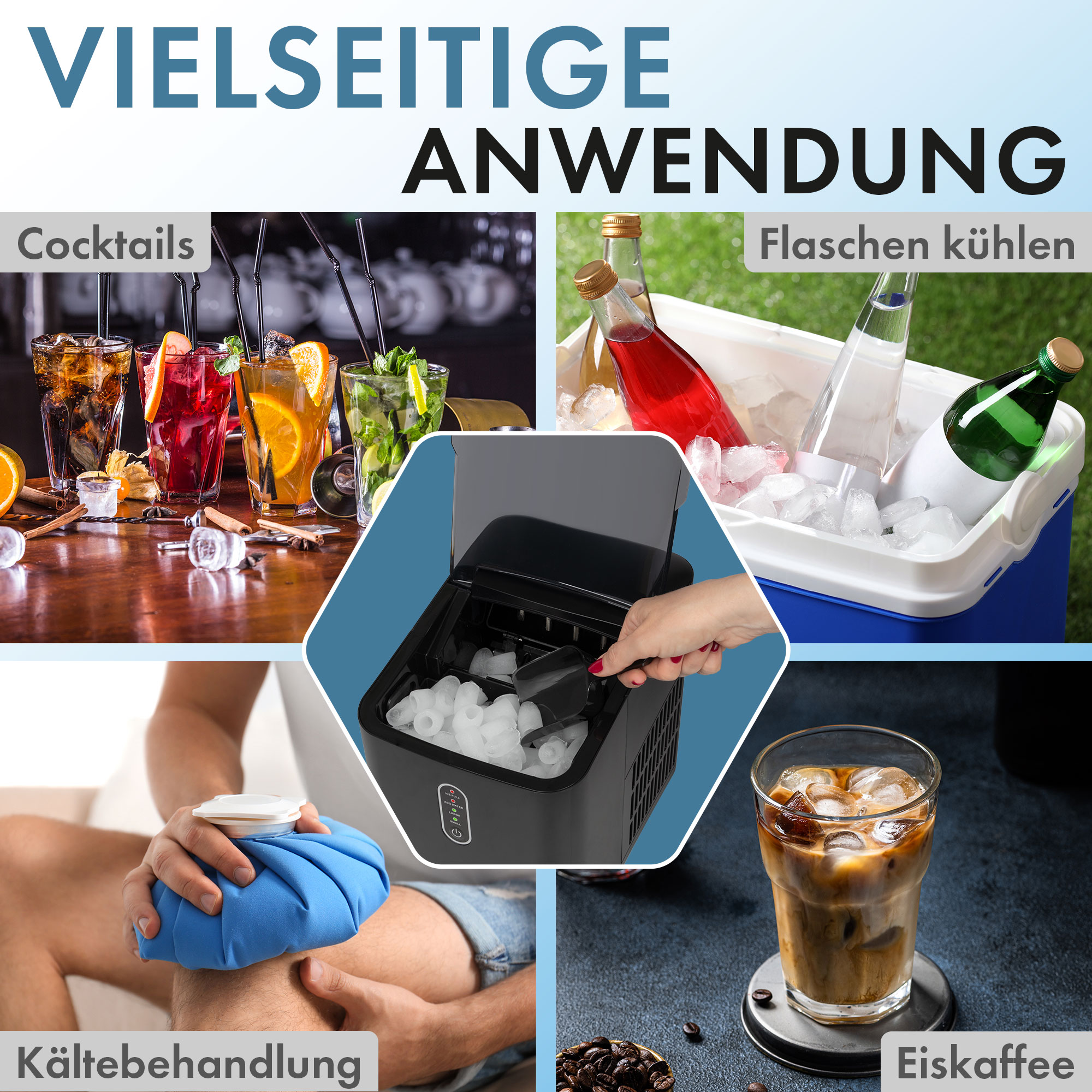 Collage aus Eisbereiter, Cocktails, Kühlflaschen, Eis und Person mit Eisbeutel am Knie.
