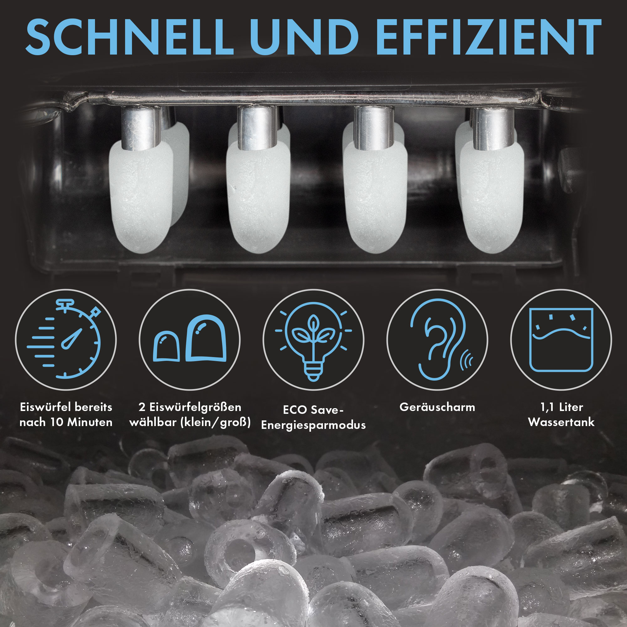 Ein Bild, das die Herstellung von Eiswürfeln zeigt, mit Symbolen und Text zur Effizienz.
