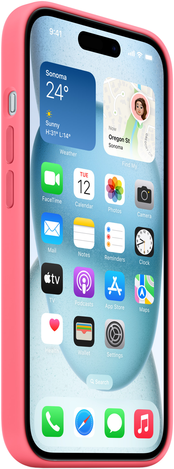 iPhone rózsaszín tokban, az alkalmazásikonokkal ellátott kezdőképernyőt mutatja. A háttérben festői kilátás látható.