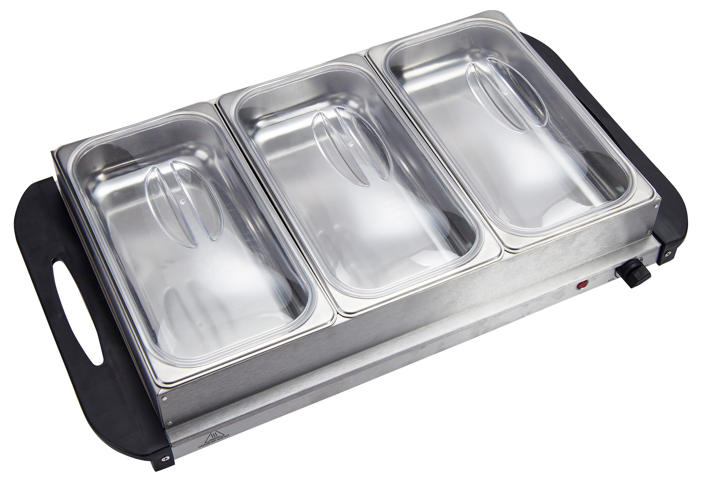 Eine Warmhalteplatte mit drei Edelstahlbehältern und transparenten Deckeln. Schwarze Griffe und Basis.