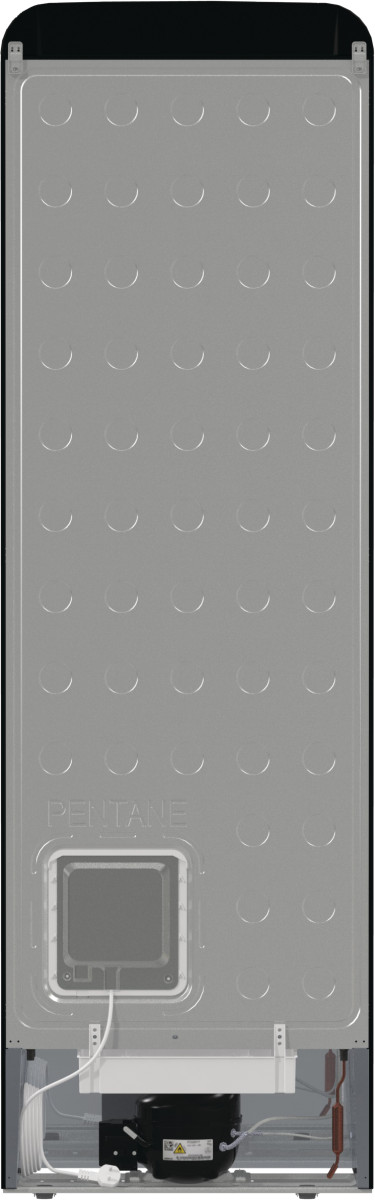 Tył lodówki z metaliczną szarą powierzchnią i czarnymi elementami na dole.