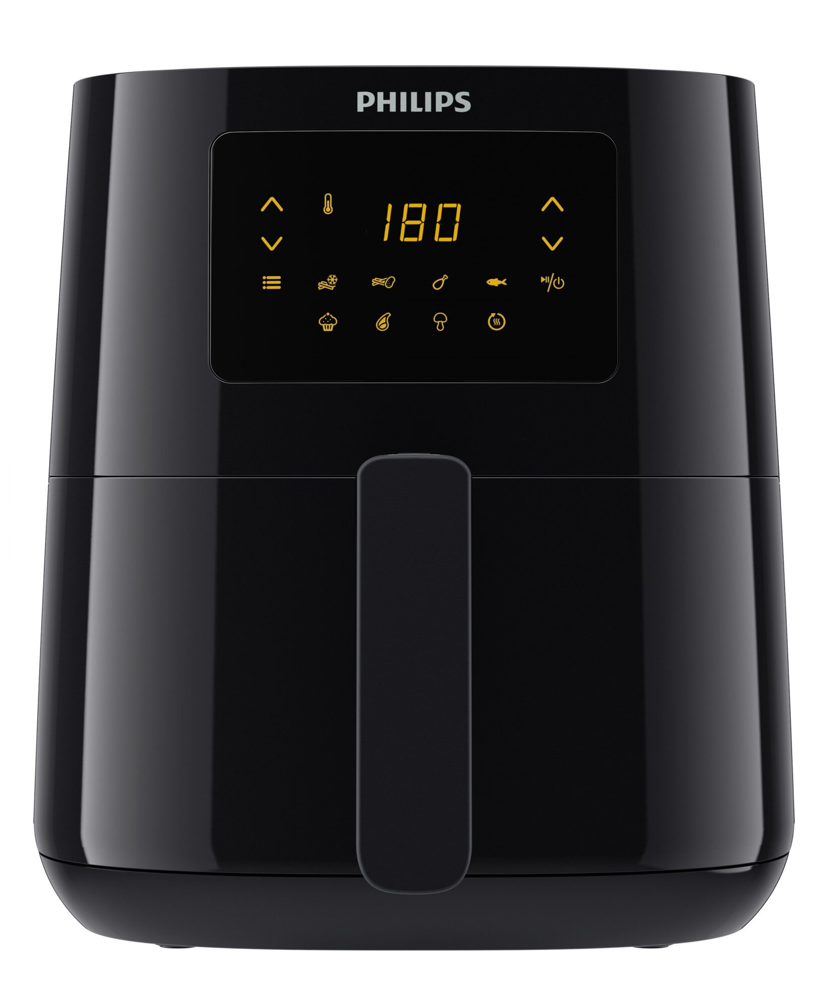 Czarna frytkownica powietrzna z wyświetlaczem cyfrowym i przyciskami, na białym tle.
