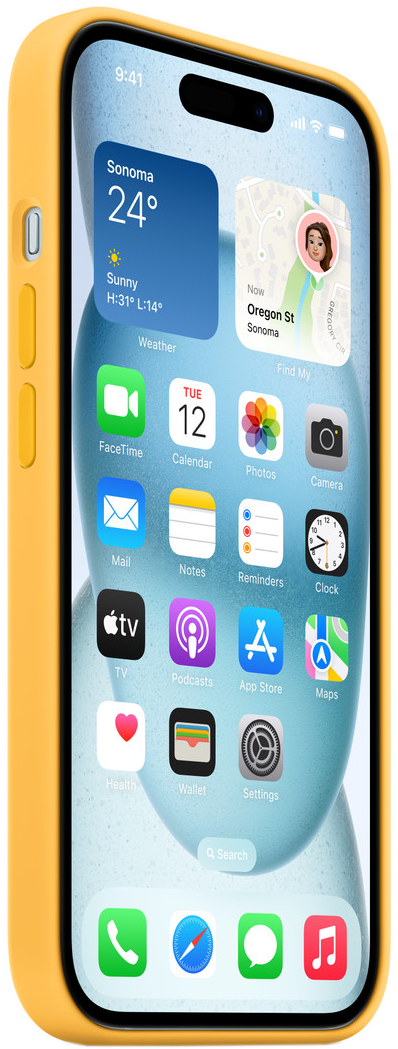 Sárga telefontok iPhone-nal, amely egy időjárás-alkalmazást és más alkalmazásikonokat jelenít meg.