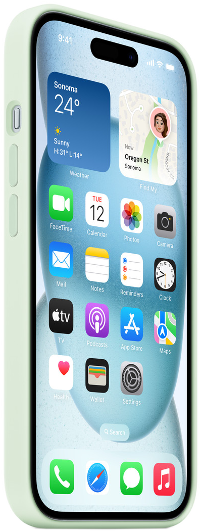 Zöld tokos iPhone, képernyőn időjárás alkalmazás, ikonok. Tok és háttér világoszöld.