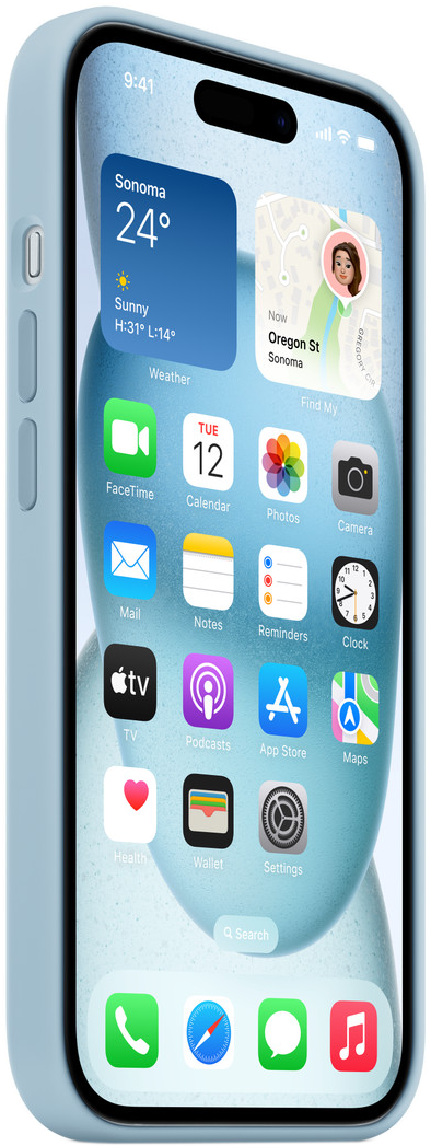 Világoskék iPhone védőtokkal, amely az alkalmazásikonokkal ellátott kezdőképernyőt mutatja.