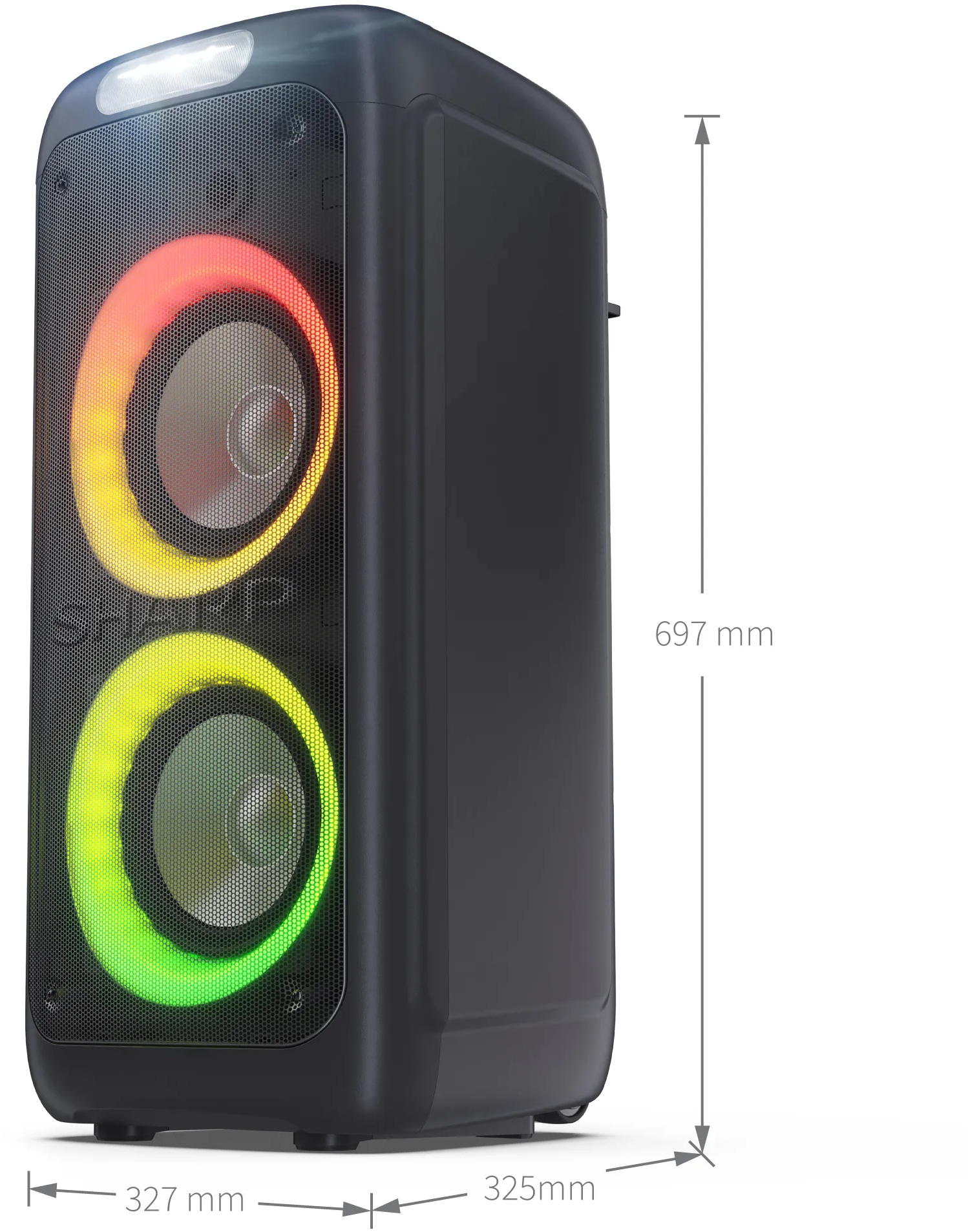 Fekete hangszóró színes LED gyűrűkkel és méretekkel mm-ben. Felül fehér fény.