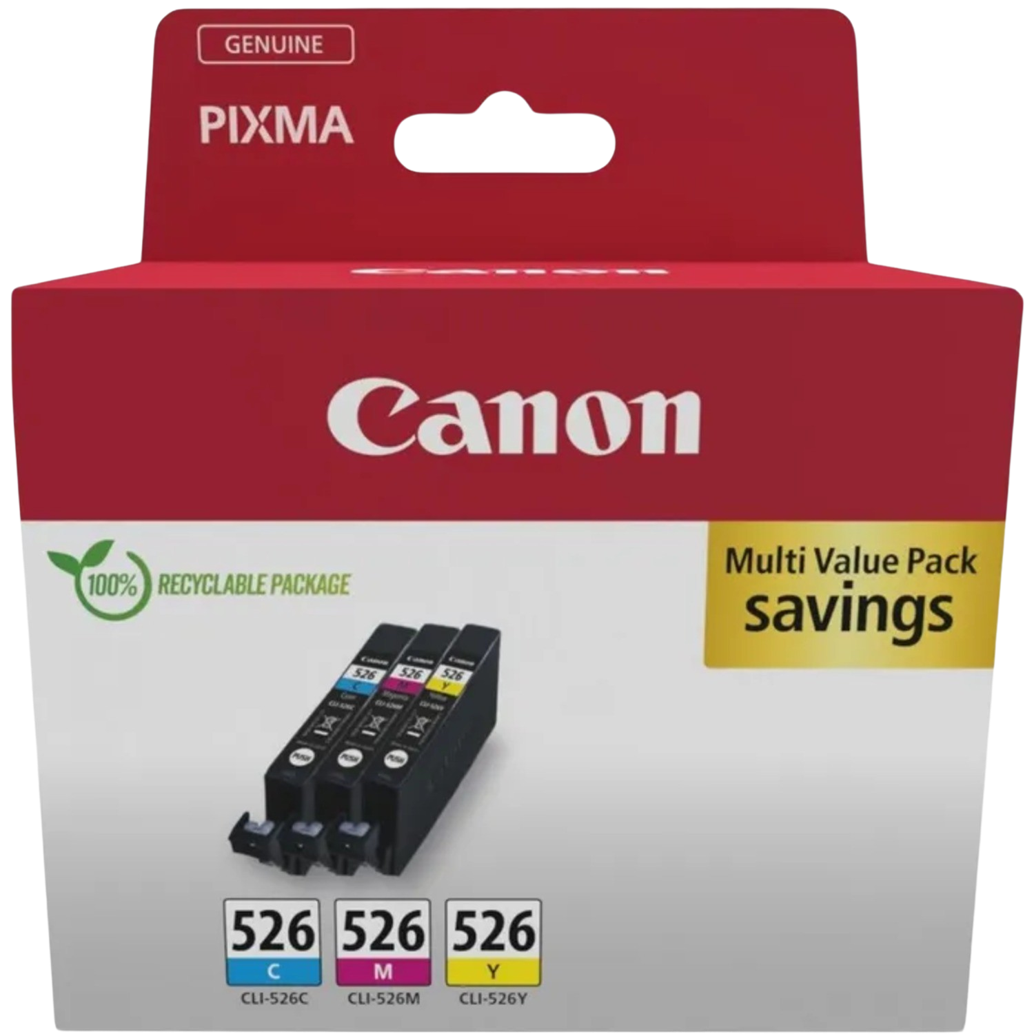 Canon inktcartridge verpakking. De verpakking is rood met het Canon logo. Het bevat inktcartridges.