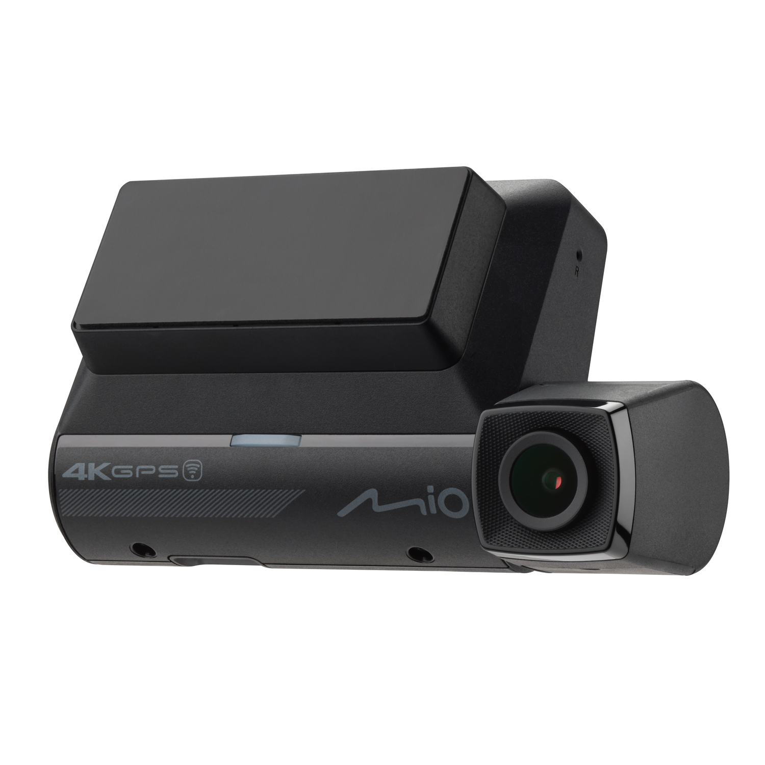 Black car dashcam with a screen and a lens. The device is on a white background.