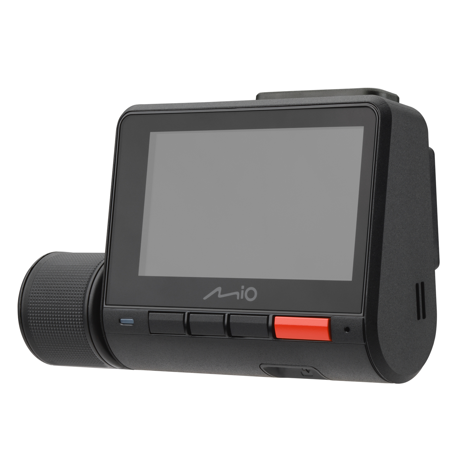 A black dashcam with a screen and buttons, angled to show the front.