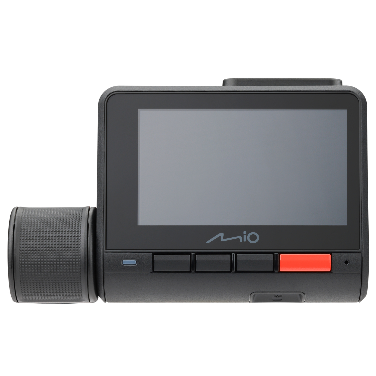 Black dashboard camera with a screen, buttons, and a lens, with a gray circular element.