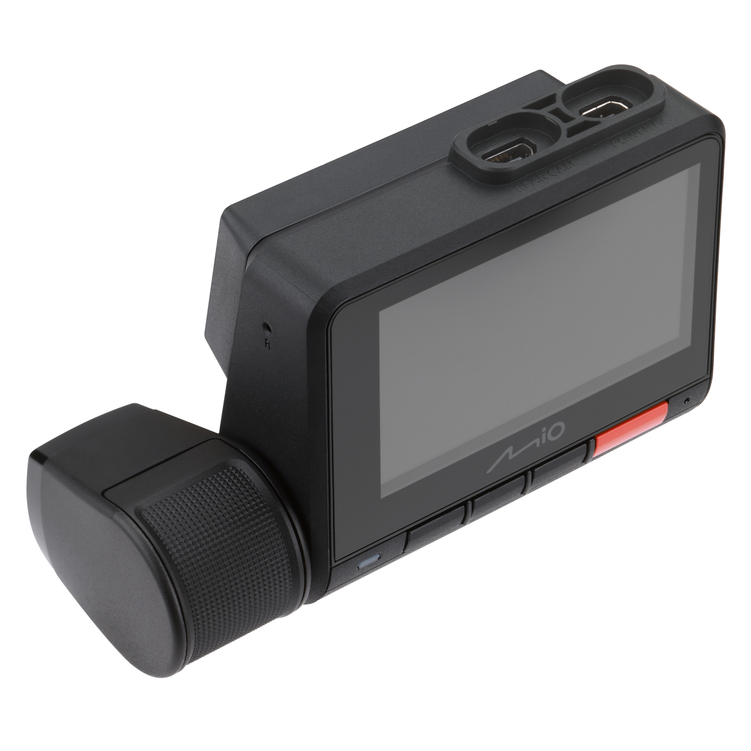 Black dash cam. Shows the device with a screen and buttons, angled view.