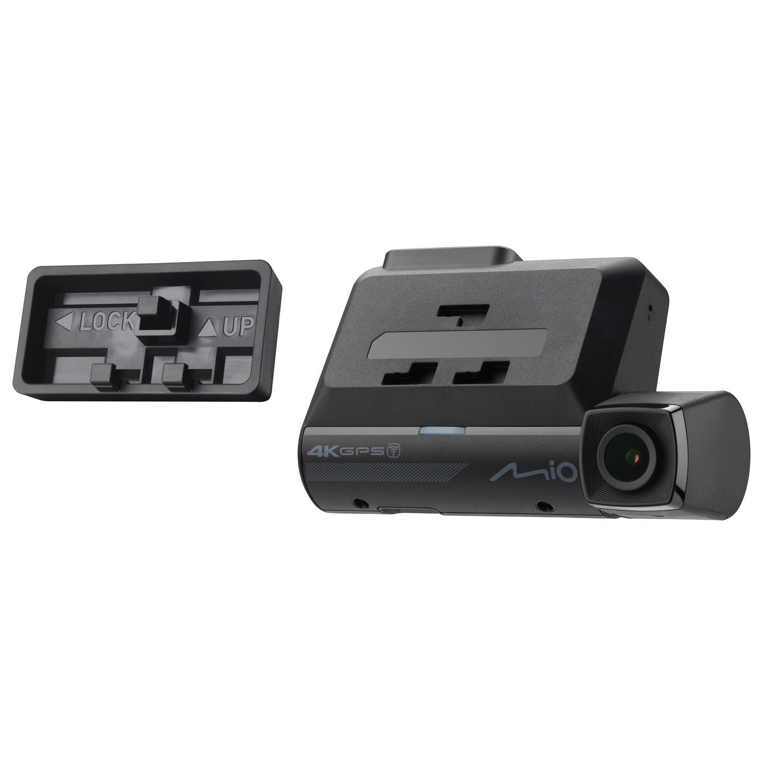 Black dashcam with a mounting bracket. The dashcam has a camera lens.