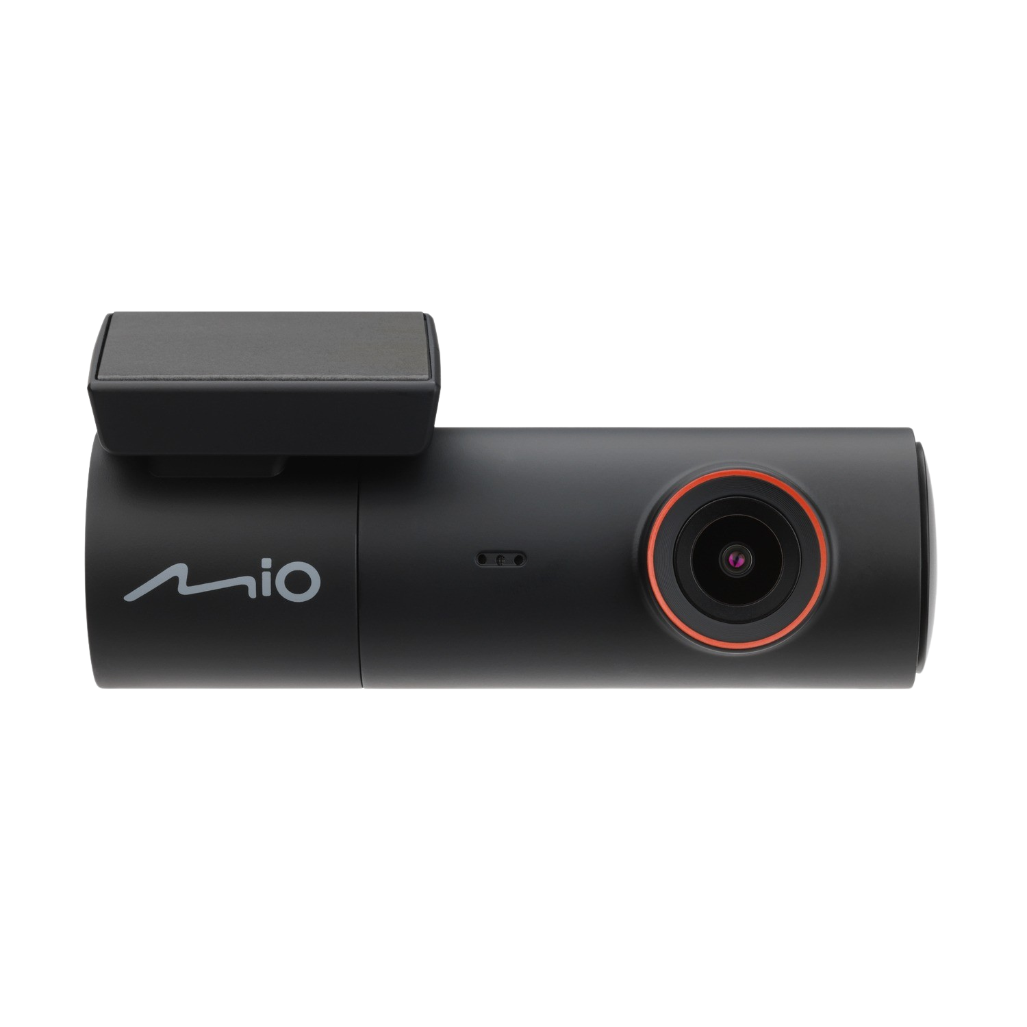 Dashcam Mio noire. Elle a un objectif, un écran et le logo Mio.
