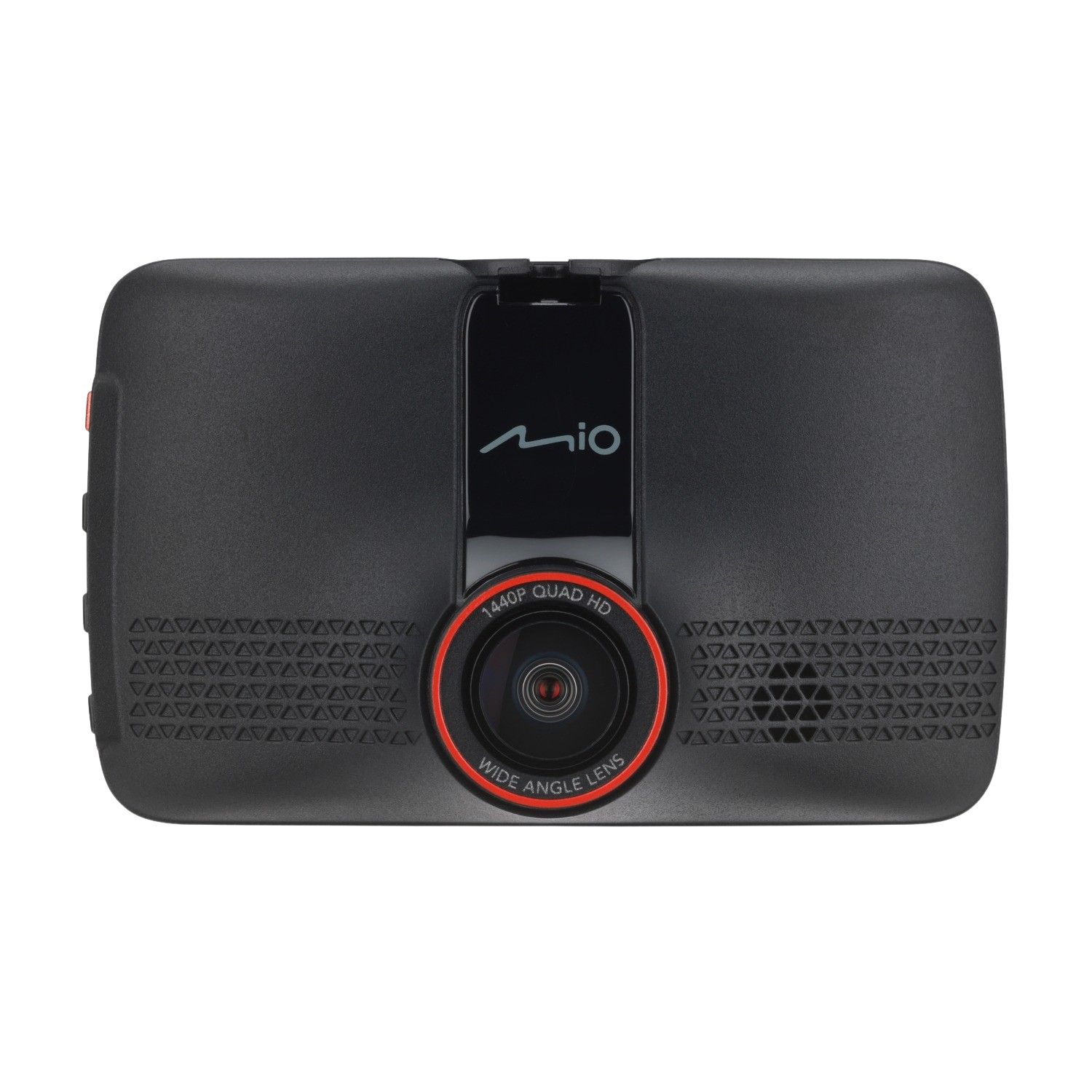 Een zwarte dashcam met een rode lens en de merknaam 'mio'.