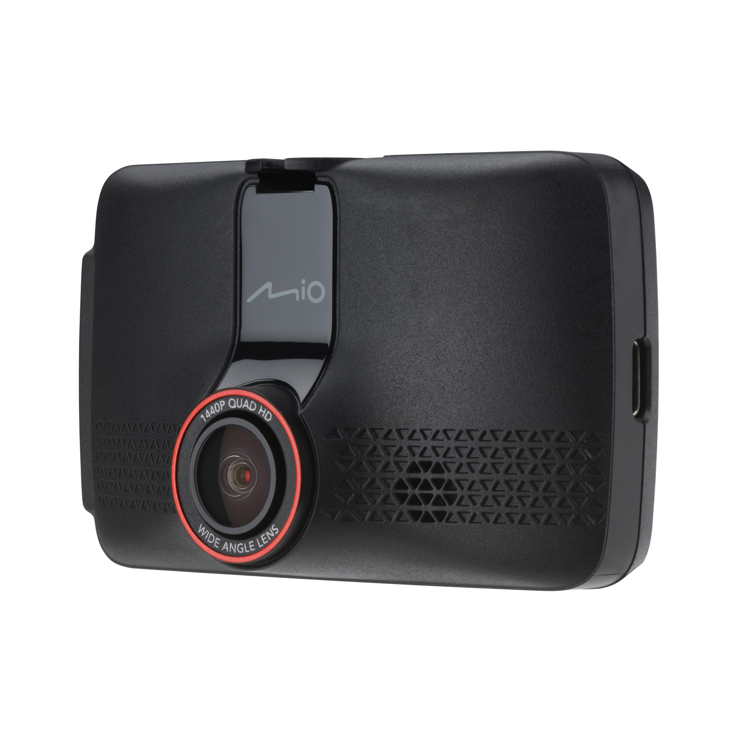 Zwarte Mio dashcam met groothoeklens, rode details en een scherm aan de voorkant.