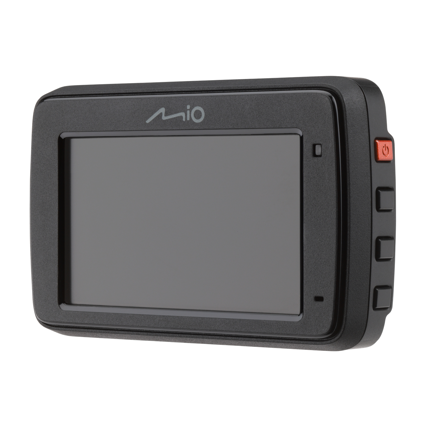 Zwarte dashcam met een scherm en knoppen, schuine weergave.