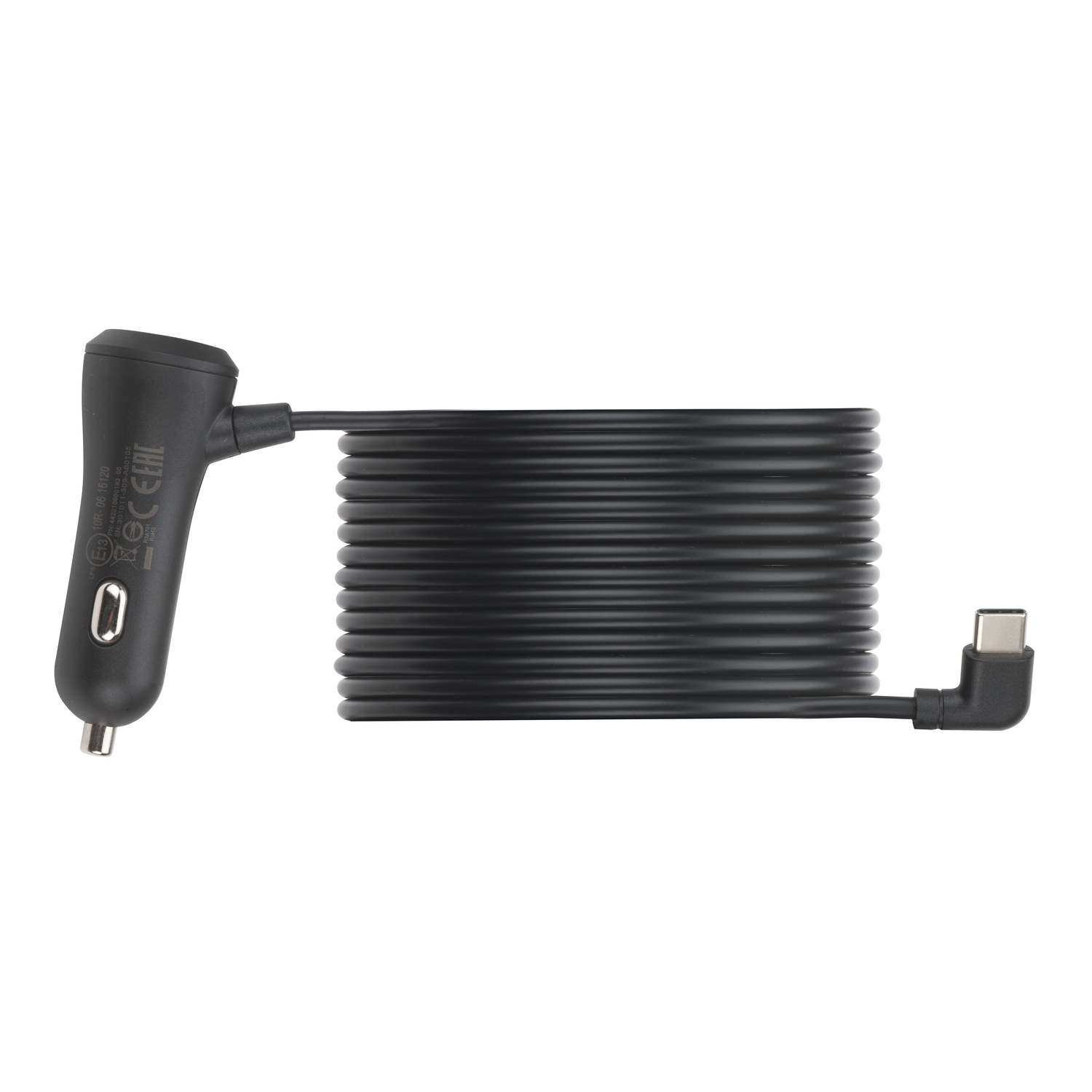Zwarte autolader met opgerolde kabel en USB-C-connector.