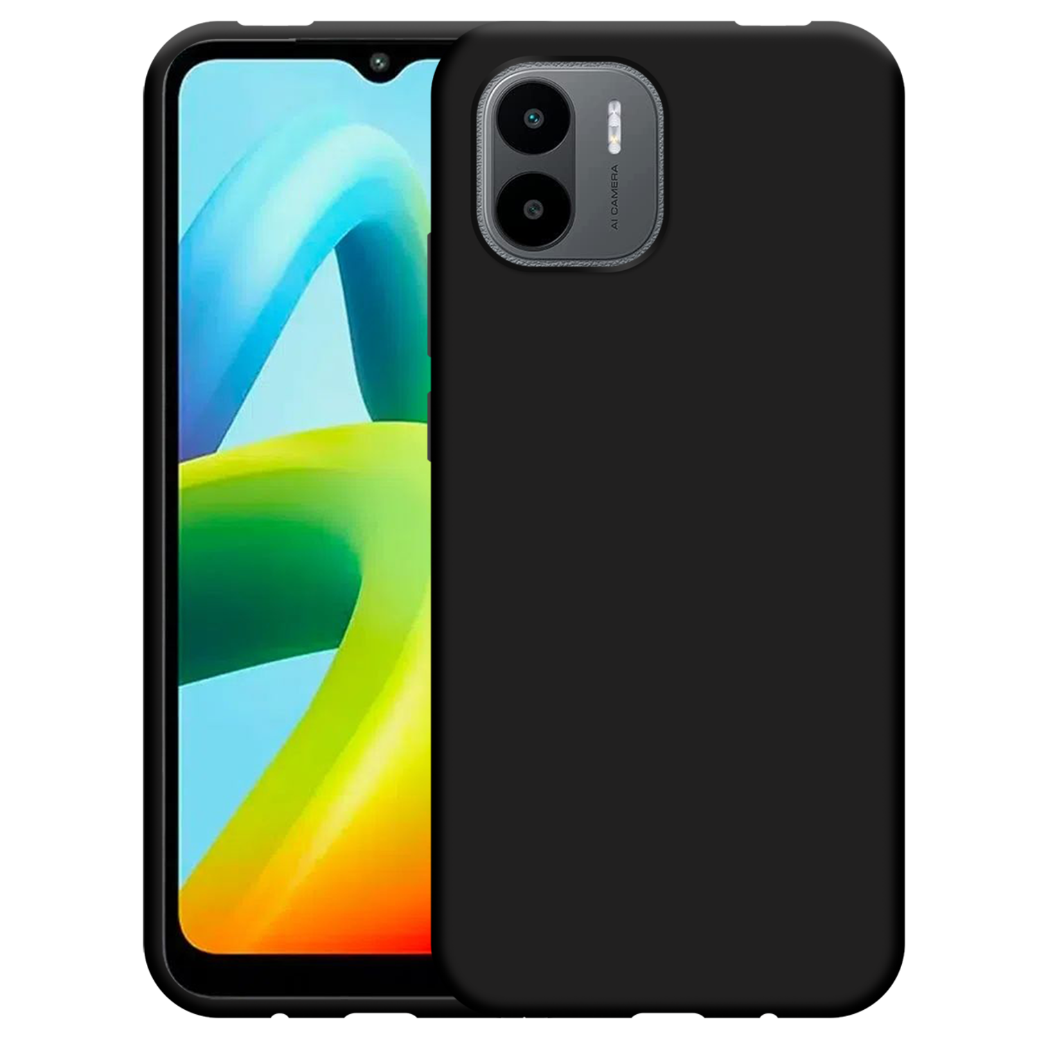 Téléphone noir avec étui noir, double caméra et fond d'écran coloré.
