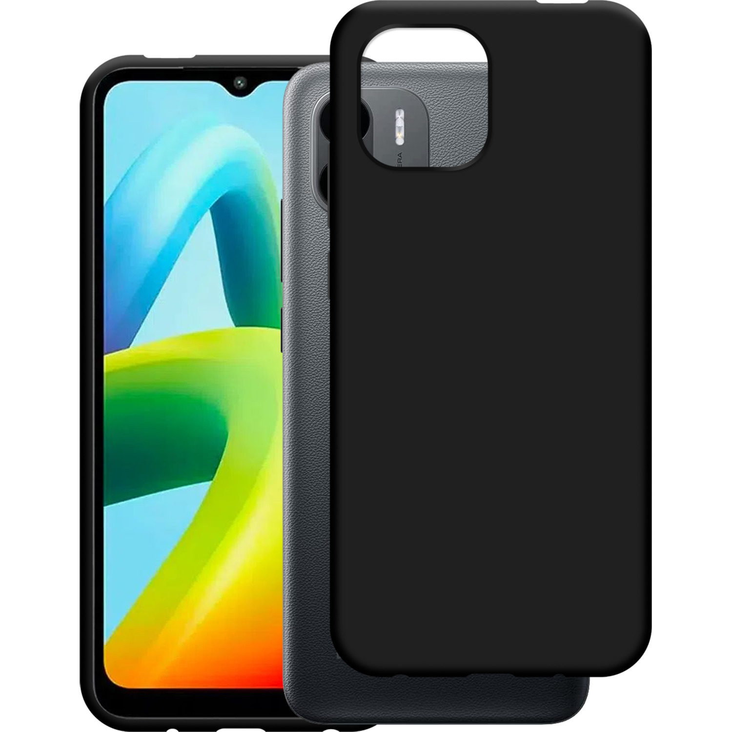 Un smartphone avec un étui noir, affichant l'écran, isolé sur blanc.