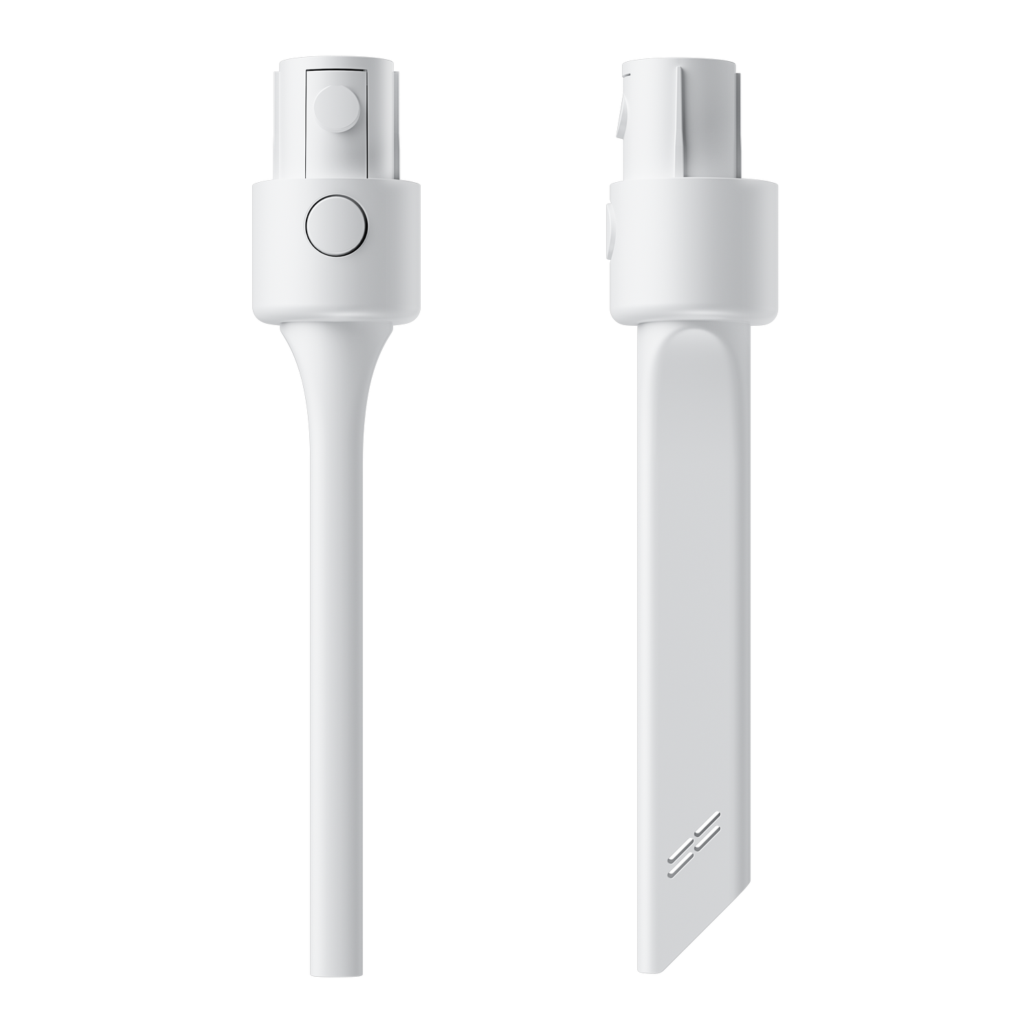 Dos cables de carga blancos con botón y extremo en ángulo.