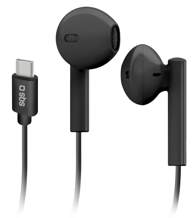 Czarne słuchawki z wtyczką USB-C. Na złączu nadrukowano markę 'sbs'.