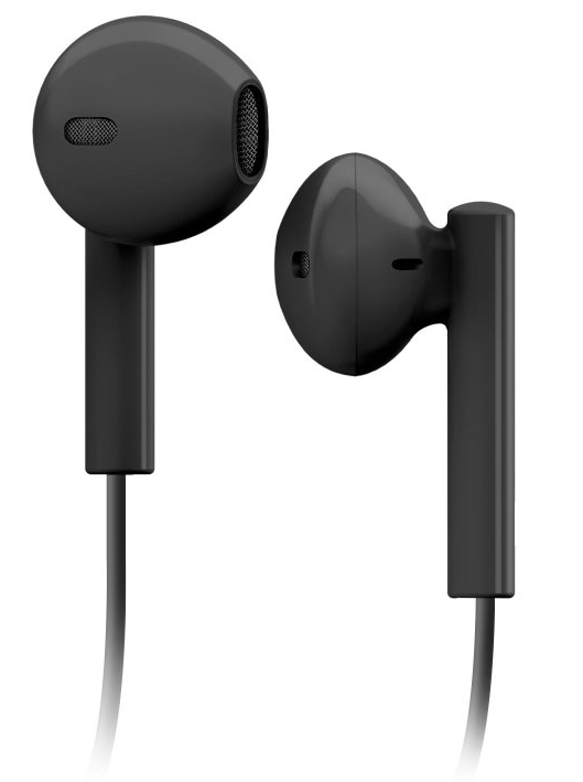 Dwa czarne słuchawki douszne o prostym designie, prezentowane na białym tle.