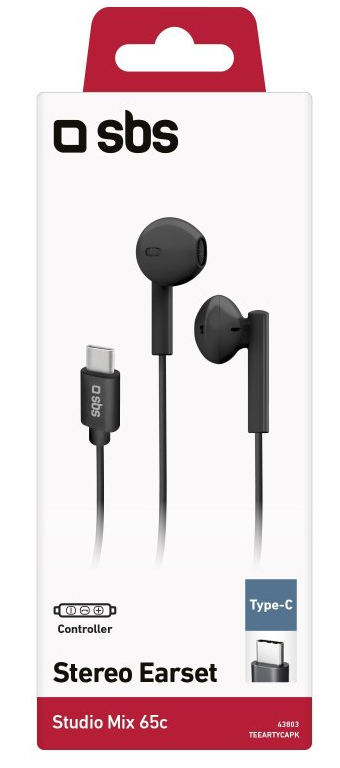 Czarne słuchawki w białym pudełku z logo marki. Pudełko na białym tle.