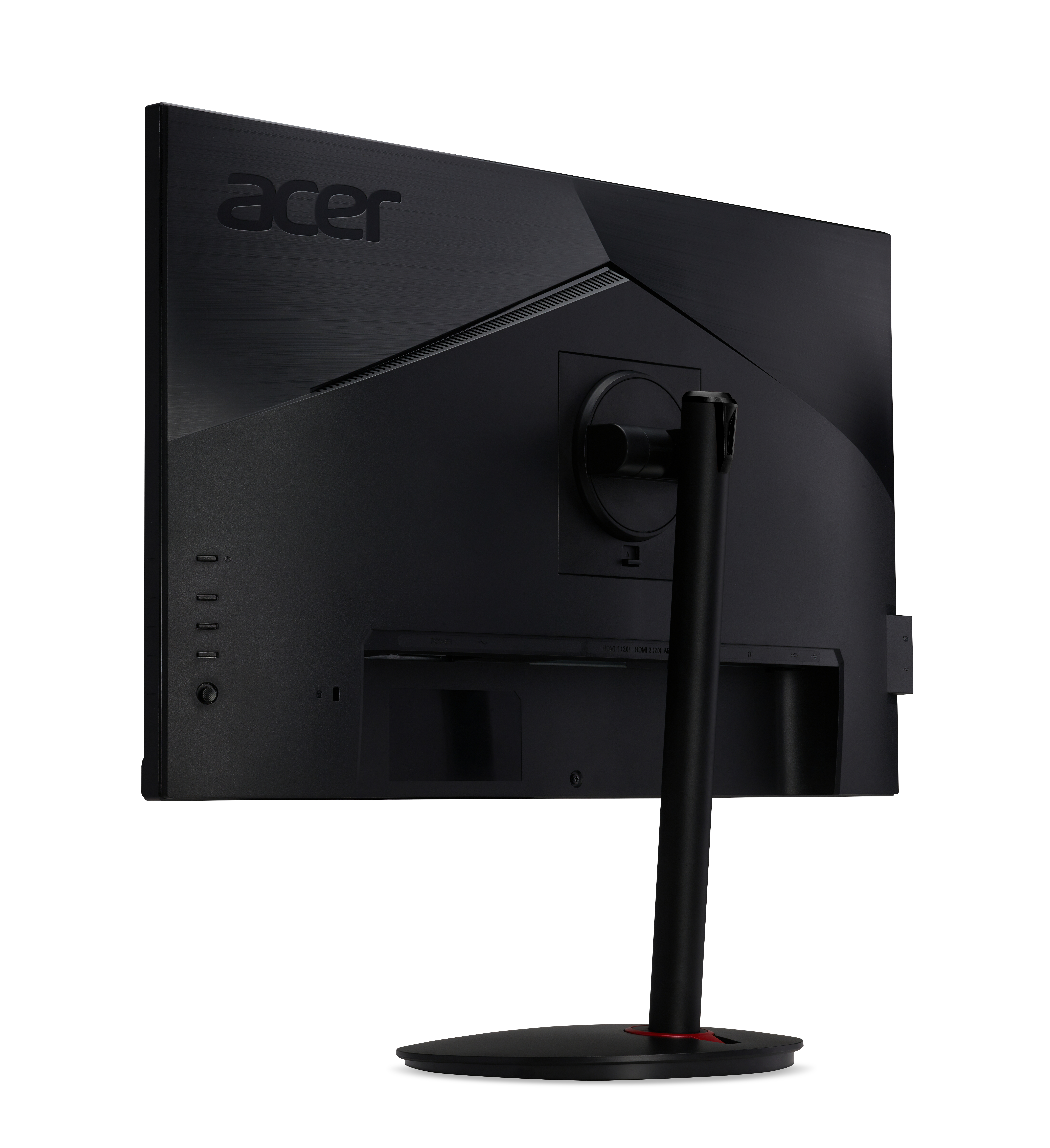 Monitor de computadora negro con soporte, visto desde atrás.