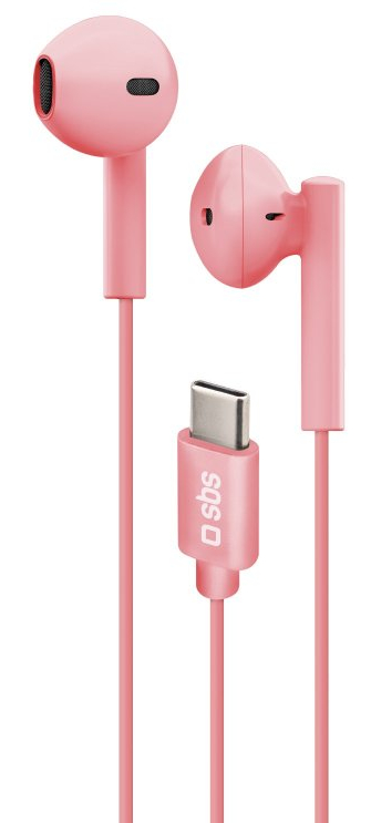 Różowe słuchawki z różowym kablem i złączem USB-C na białym tle.