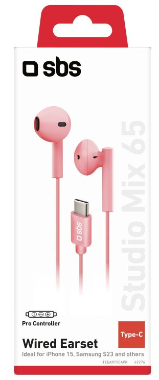 Różowe słuchawki douszne w pudełku z wtyczką Type-C.