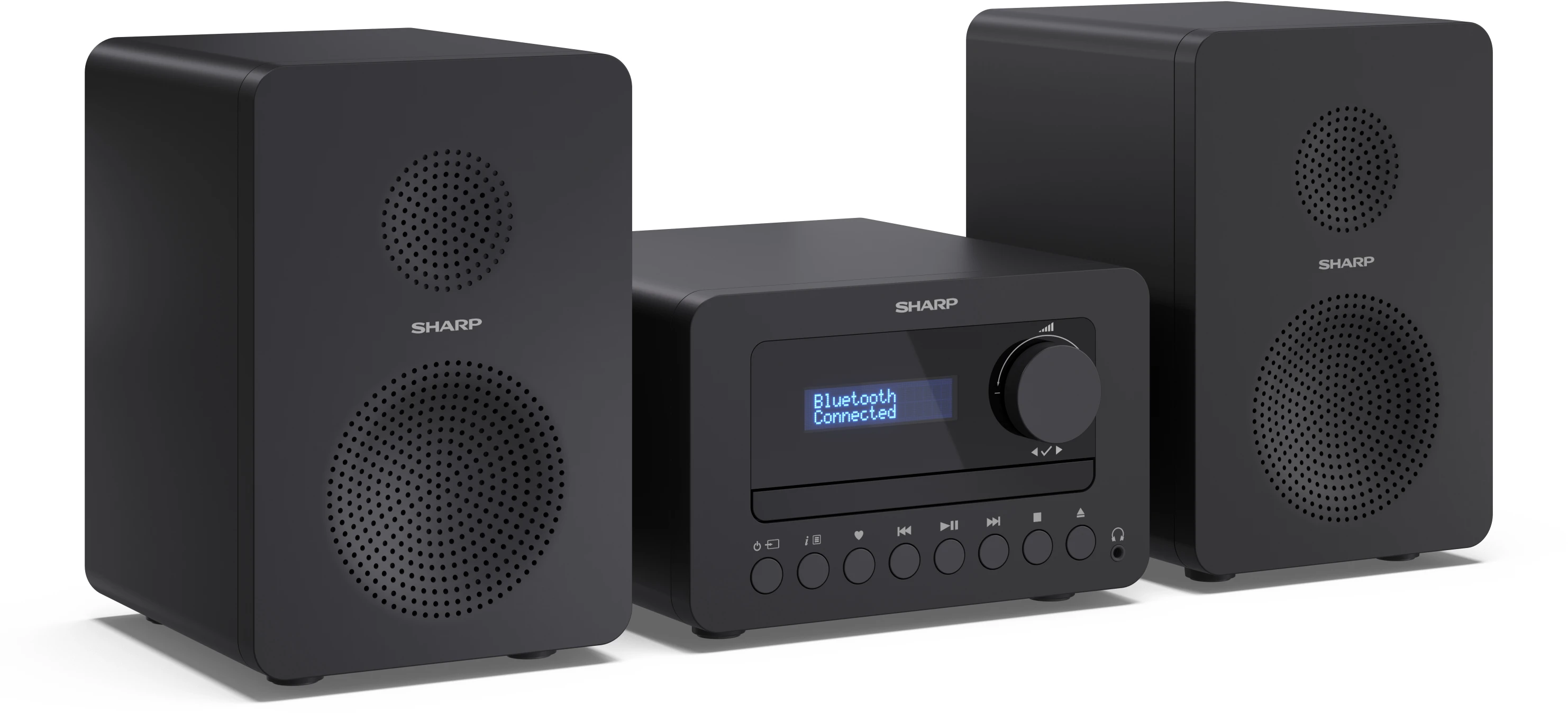 Fekete Sharp sztereó rendszer két hangszóróval és egy központi egységgel, amely a 'Bluetooth Connected' feliratot mutatja.