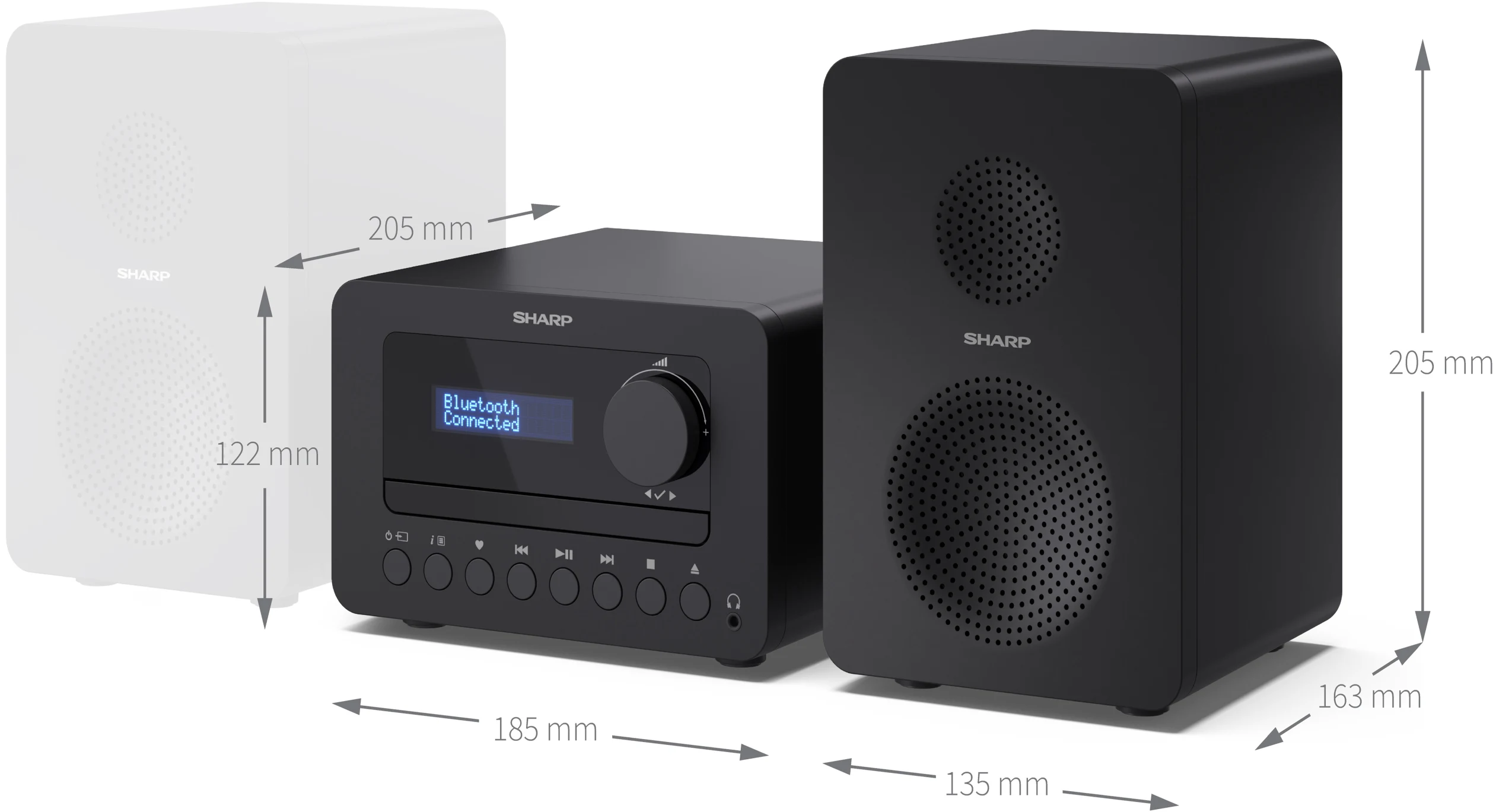 Kompakt audiorendszer: fekete vevő képernyővel és gombokkal, fekete hangszóróval mindkét oldalon.
