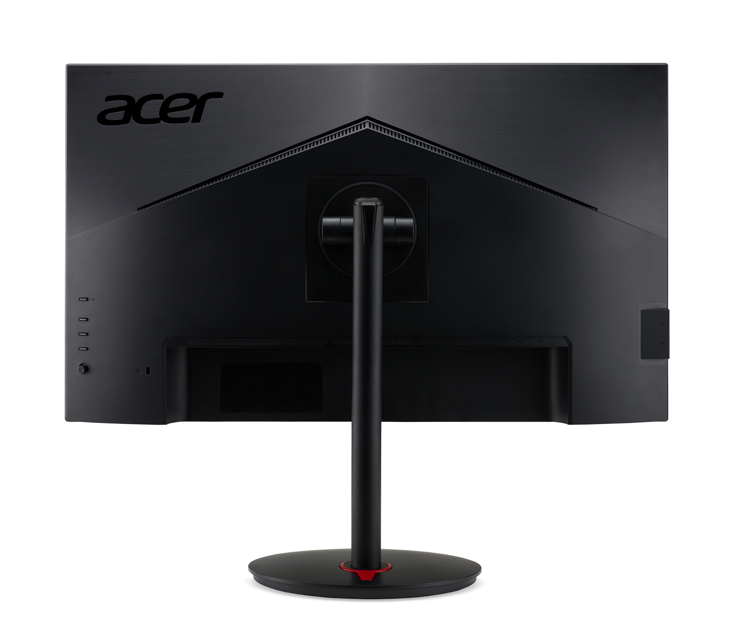Vista trasera de un monitor Acer. Negro con base de soporte roja. Logotipo de Acer en la parte superior.