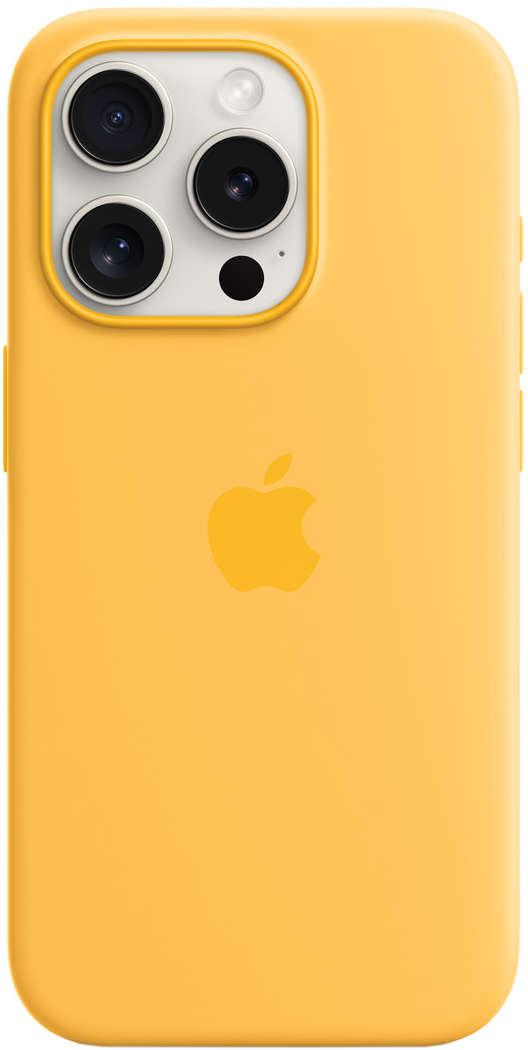 Sárga iPhone tok. Hátsó nézet, Apple logóval és kameramodullal.